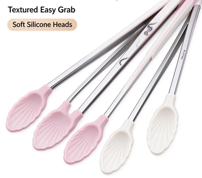 Mini Shell Grip Silicone Cooking Tongs – Stainless Steel Non-Slip Heat-Resistant Small Food Tongs with Seashell Tips for Appetizers, Ice, Salad, Pastry, and Serving