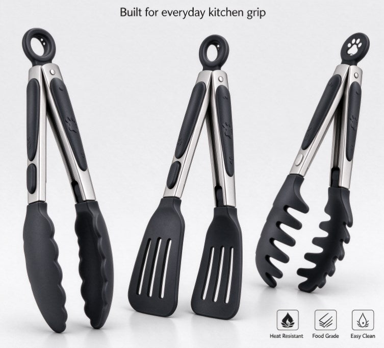 3-Piece Silicone Kitchen Tongs Set – Heat Resistant Non-Stick Cooking Tongs with Locking Mechanism & Cute Paw Hanging Loops for BBQ, Cooking, Salad, Pasta, and Serving
