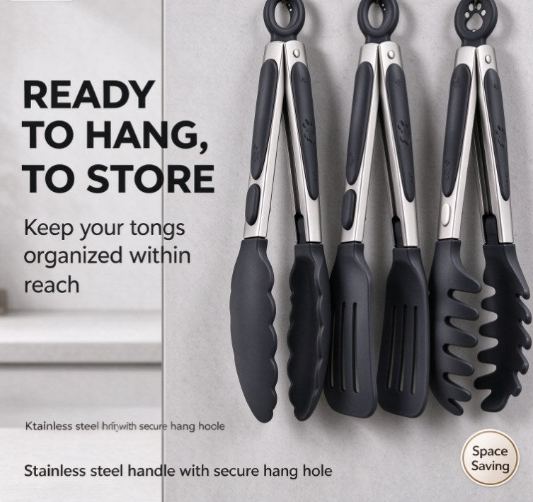3-Piece Silicone Kitchen Tongs Set – Heat Resistant Non-Stick Cooking Tongs with Locking Mechanism & Cute Paw Hanging Loops for BBQ, Cooking, Salad, Pasta, and Serving