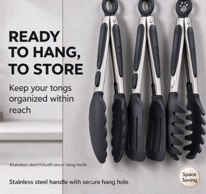 3-Piece Silicone Kitchen Tongs Set – Heat Resistant Non-Stick Cooking Tongs with Locking Mechanism & Cute Paw Hanging Loops for BBQ, Cooking, Salad, Pasta, and Serving
