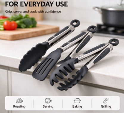 3-Piece Silicone Kitchen Tongs Set – Heat Resistant Non-Stick Cooking Tongs with Locking Mechanism & Cute Paw Hanging Loops for BBQ, Cooking, Salad, Pasta, and Serving