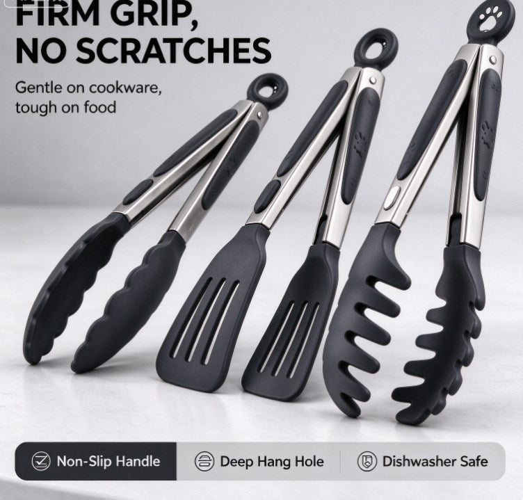 3-Piece Silicone Kitchen Tongs Set – Heat Resistant Non-Stick Cooking Tongs with Locking Mechanism & Cute Paw Hanging Loops for BBQ, Cooking, Salad, Pasta, and Serving