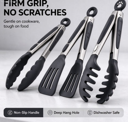 3-Piece Silicone Kitchen Tongs Set – Heat Resistant Non-Stick Cooking Tongs with Locking Mechanism & Cute Paw Hanging Loops for BBQ, Cooking, Salad, Pasta, and Serving