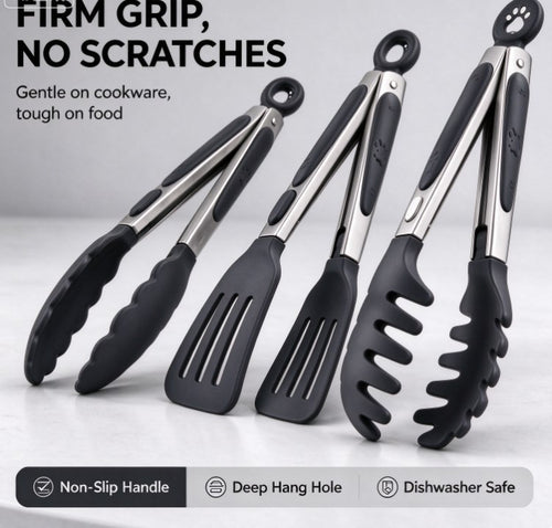 3-Piece Silicone Kitchen Tongs Set – Heat Resistant Non-Stick Cooking Tongs with Locking Mechanism & Cute Paw Hanging Loops for BBQ, Cooking, Salad, Pasta, and Serving