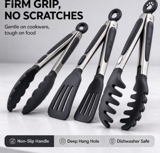 3-Piece Silicone Kitchen Tongs Set – Heat Resistant Non-Stick Cooking Tongs with Locking Mechanism & Cute Paw Hanging Loops for BBQ, Cooking, Salad, Pasta, and Serving