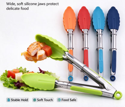 Heat Resistant Silicone Food Tongs Set, Soft Comfort Grip Cooking Tongs with Pull-Lock Mechanism for Non-Stick Cookware, Salad, and BBQ (Multicolor)