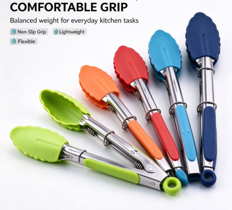 Heat Resistant Silicone Food Tongs Set, Soft Comfort Grip Cooking Tongs with Pull-Lock Mechanism for Non-Stick Cookware, Salad, and BBQ (Multicolor)