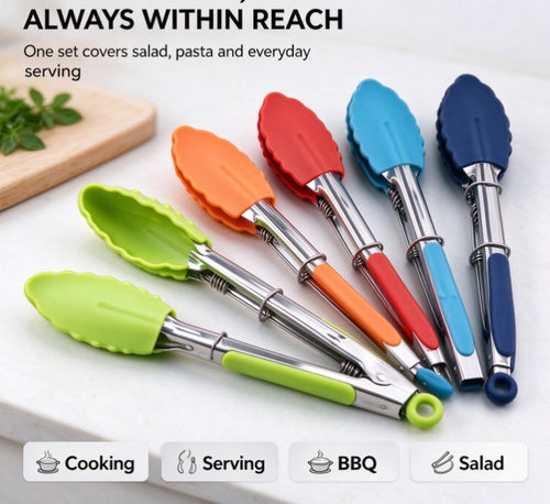Heat Resistant Silicone Food Tongs Set, Soft Comfort Grip Cooking Tongs with Pull-Lock Mechanism for Non-Stick Cookware, Salad, and BBQ (Multicolor)
