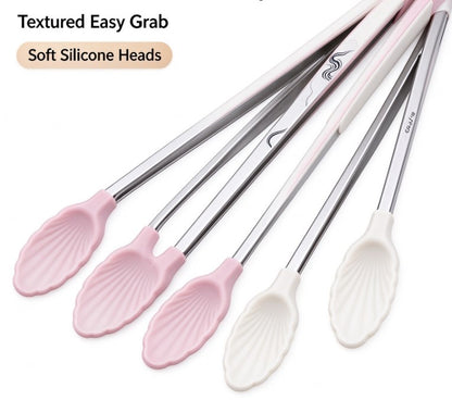 Mini Shell Grip Silicone Cooking Tongs – Stainless Steel Non-Slip Heat-Resistant Small Food Tongs with Seashell Tips for Appetizers, Ice, Salad, Pastry, and Serving