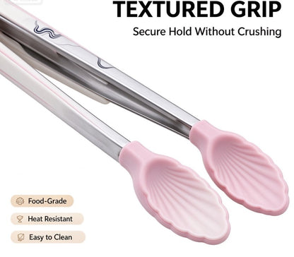 Mini Shell Grip Silicone Cooking Tongs – Stainless Steel Non-Slip Heat-Resistant Small Food Tongs with Seashell Tips for Appetizers, Ice, Salad, Pastry, and Serving