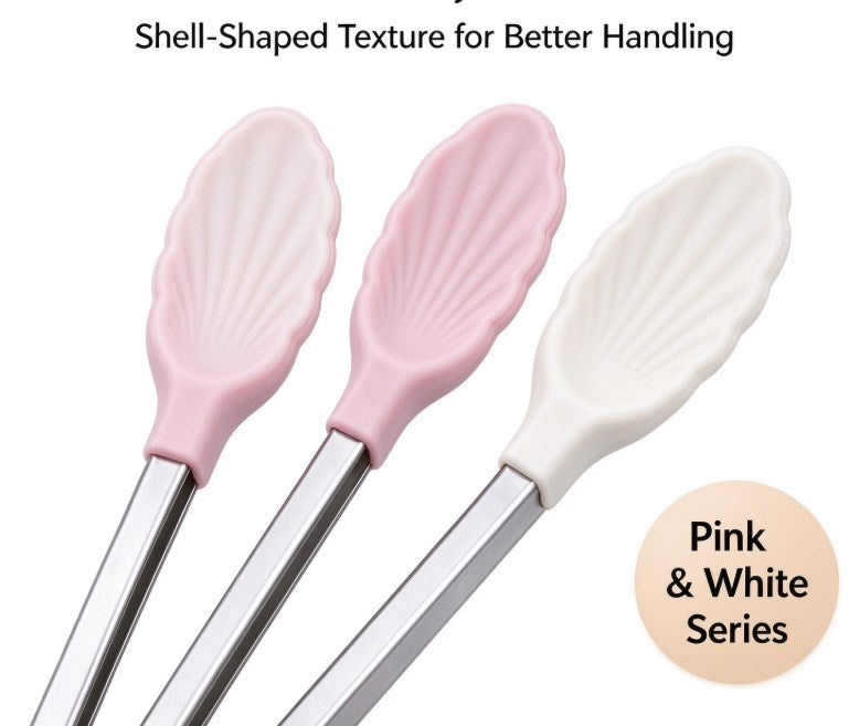 Mini Shell Grip Silicone Cooking Tongs – Stainless Steel Non-Slip Heat-Resistant Small Food Tongs with Seashell Tips for Appetizers, Ice, Salad, Pastry, and Serving