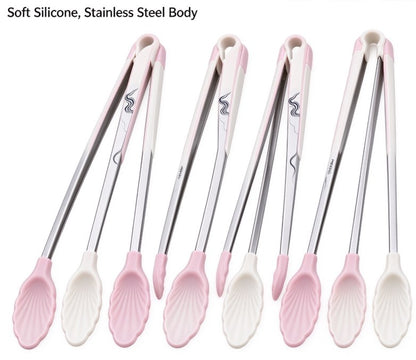 Mini Shell Grip Silicone Cooking Tongs – Stainless Steel Non-Slip Heat-Resistant Small Food Tongs with Seashell Tips for Appetizers, Ice, Salad, Pastry, and Serving