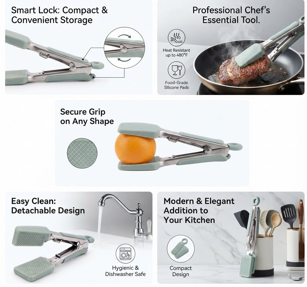 Professional Chef's Heavy Duty Silicone Kitchen Tongs – Heat Resistant Up to 480°F Non-Stick Locking Tongs with Detachable Silicone Pads for Cooking, Grilling, BBQ, and Serving