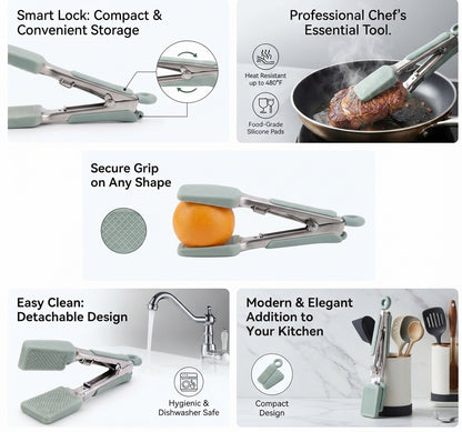 Professional Chef's Heavy Duty Silicone Kitchen Tongs – Heat Resistant Up to 480°F Non-Stick Locking Tongs with Detachable Silicone Pads for Cooking, Grilling, BBQ, and Serving