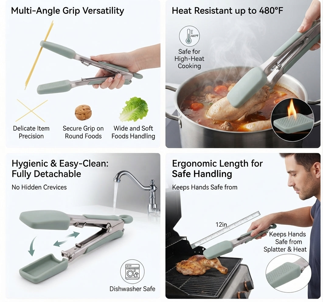 Professional Chef's Heavy Duty Silicone Kitchen Tongs – Heat Resistant Up to 480°F Non-Stick Locking Tongs with Detachable Silicone Pads for Cooking, Grilling, BBQ, and Serving