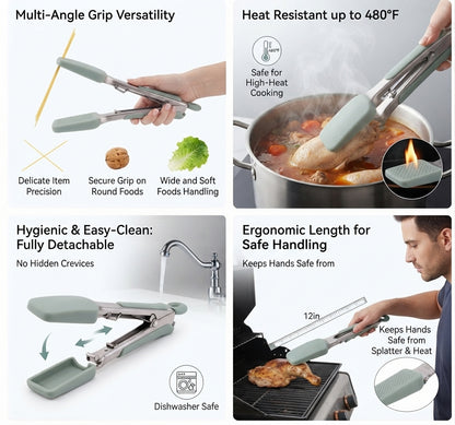 Professional Chef's Heavy Duty Silicone Kitchen Tongs – Heat Resistant Up to 480°F Non-Stick Locking Tongs with Detachable Silicone Pads for Cooking, Grilling, BBQ, and Serving