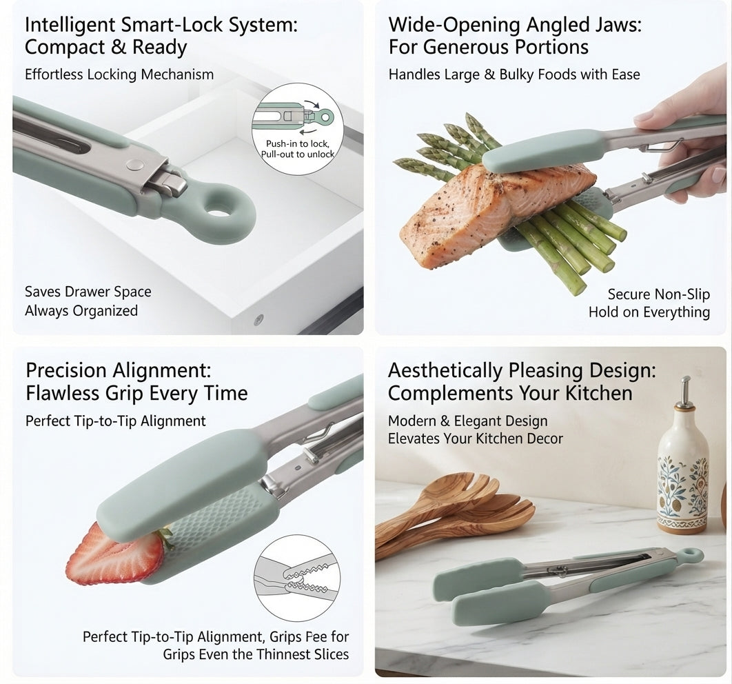 Professional Chef's Heavy Duty Silicone Kitchen Tongs – Heat Resistant Up to 480°F Non-Stick Locking Tongs with Detachable Silicone Pads for Cooking, Grilling, BBQ, and Serving