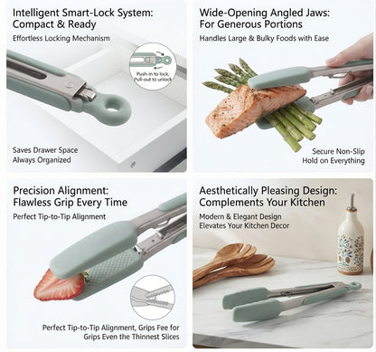 Professional Chef's Heavy Duty Silicone Kitchen Tongs – Heat Resistant Up to 480°F Non-Stick Locking Tongs with Detachable Silicone Pads for Cooking, Grilling, BBQ, and Serving