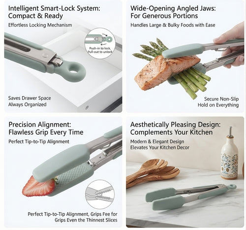 Professional Chef's Heavy Duty Silicone Kitchen Tongs – Heat Resistant Up to 480°F Non-Stick Locking Tongs with Detachable Silicone Pads for Cooking, Grilling, BBQ, and Serving